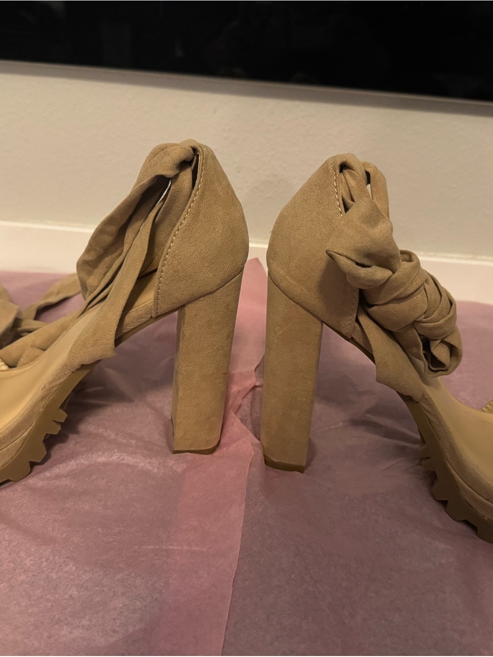 Fashion Nova Tan Suede Wrap Platform Heels - Picture 2 of 5
